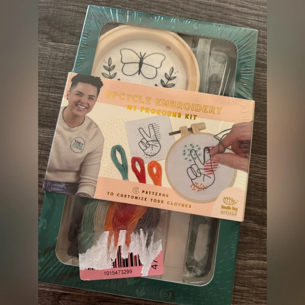 Dooodle Hog Upcycle Embroidery My Pronouns Kit Embroidery Kit